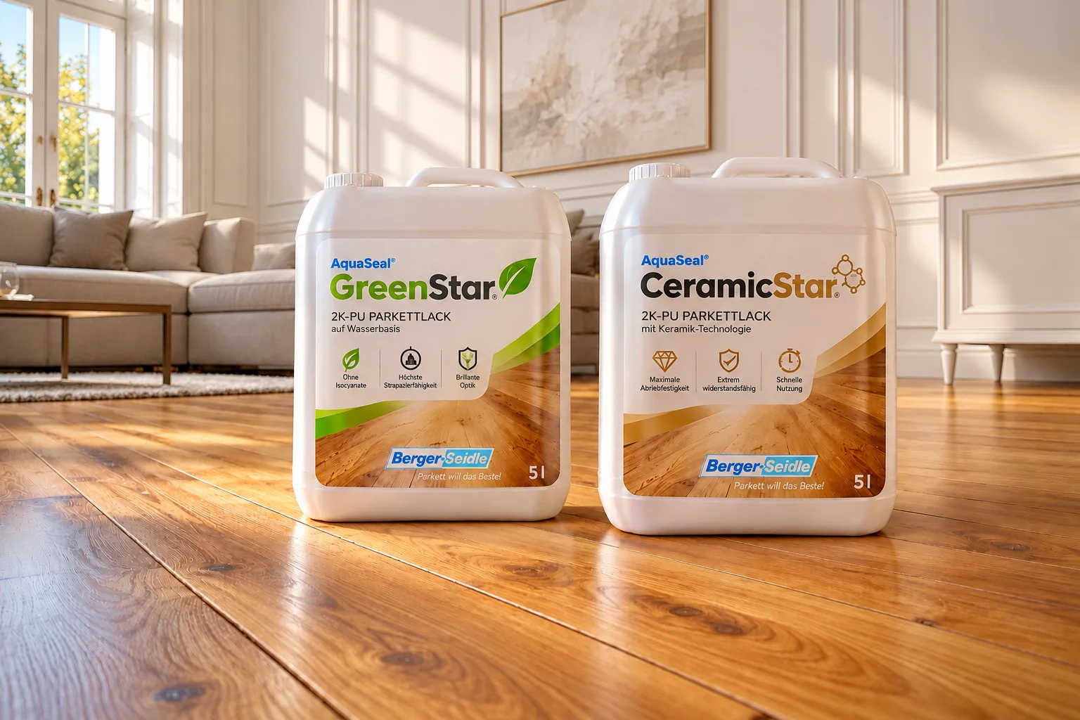 Lakiery Berger-Seidle AquaSeal GreenStar i AquaSeal CeramicStar na drewnianej podłodze