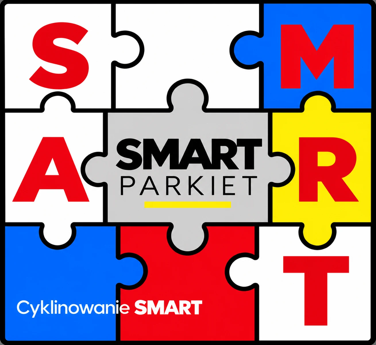 Puzzle SMART PARKIET z literami S, M, A, R, T - pięć filarów metody Cyklinowanie SMART